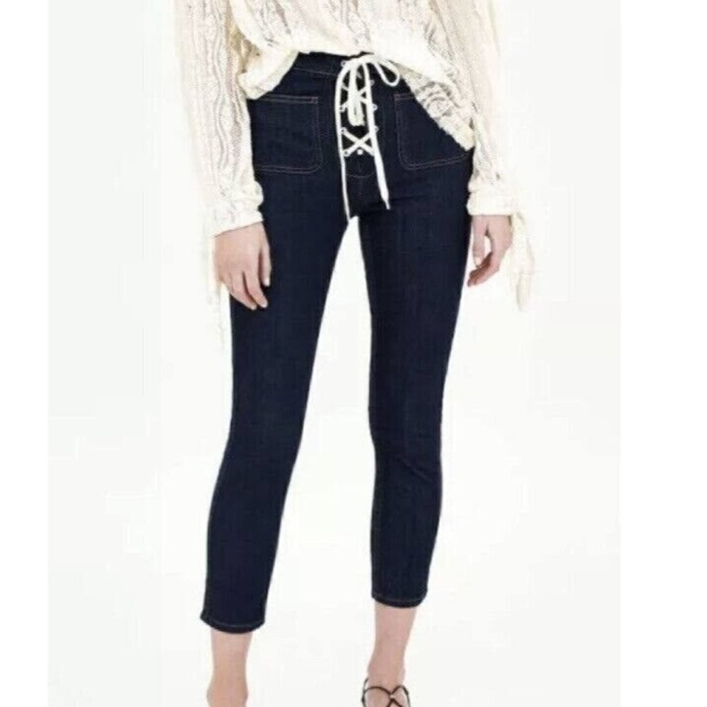Zara Size 4 High Waist Lace Front Ankle Skinny Grazer Jeans NWT Blue